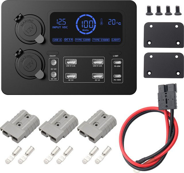 600 W Auto Power Box Multi Power Adapter in Schwarz mit 12 V und 5 V Digital Typ-C PD USB Ladegeräten, LED Licht, Control Hub und Voltmeter für RV und Boot - Bild 1