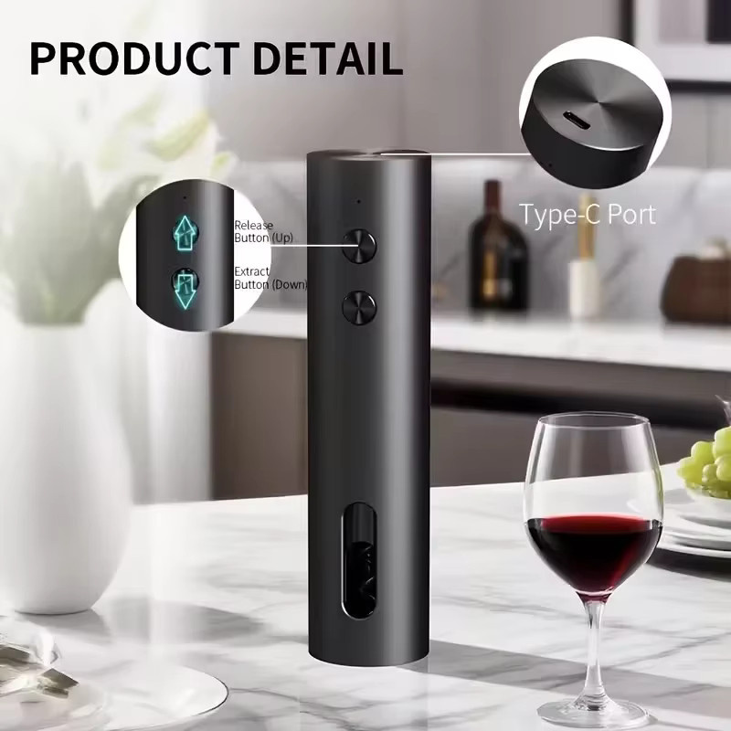 FLYMUYU Elektrischer Weinöffner Set in Schwarz mit Folienschneider, Weinausgießer und Vakuumstopfen, USB-C-Aufladung - Bild 3