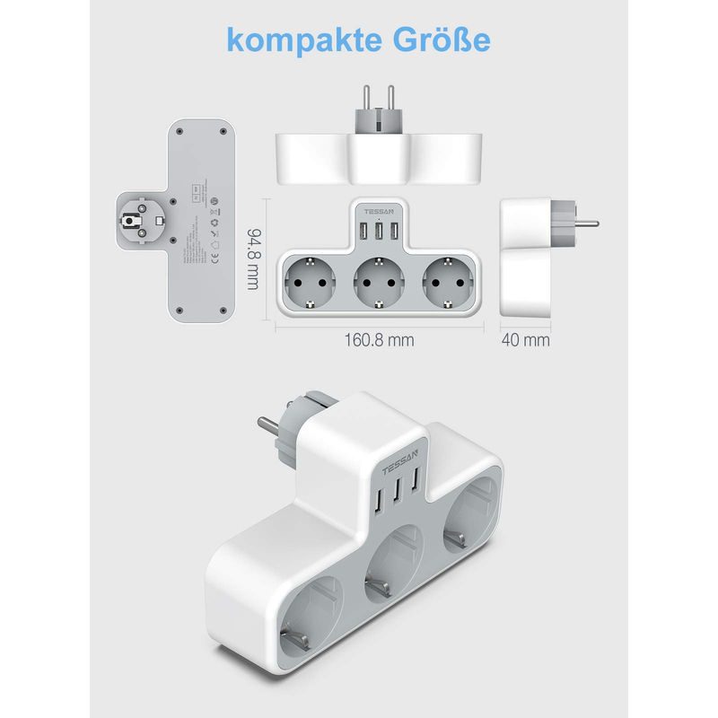 TESSAN Steckdosenleiste mit 3 AC-Ausgängen und 3 USB-Anschlüssen in Grau - Bild 6