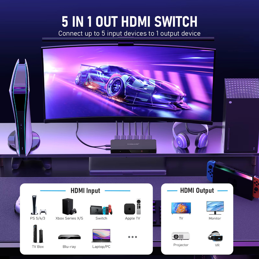 LEMORELE HDMI Switcher 5 In 1 Out Distributor Konverter in Schwarz mit bidirektionaler Umschaltung für 4K @ 30Hz, ideal für Laptop, TV, Projektor und Monitor - Bild 4