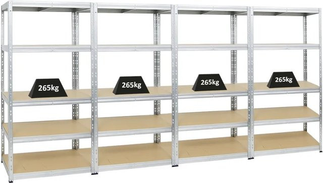 4er-Set PROREGAL Tiger Schwerlastregal aus Metall und HDF-Holzplatten, 5-Ebenen mit verstellbaren Fachböden, Farbe Silber, H x B x T: 180 x 90 x 60 cm - Bild 1