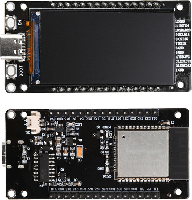 ESP32 Entwicklungsplatine mit 1,9 Zoll LCD-Bildschirm, WiFi und Bluetooth, USB-C Anschluss, Schwarz - Bild 1