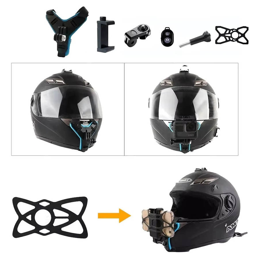 Kinnriemenhalterung für Motorradhelm mit Fernbedienung in Schwarz für GoPro Hero 13/12, Insta360 X5/X4/X3 und DJI Action 3/4/5 Pro sowie AKASO Action Kameras - Bild 2