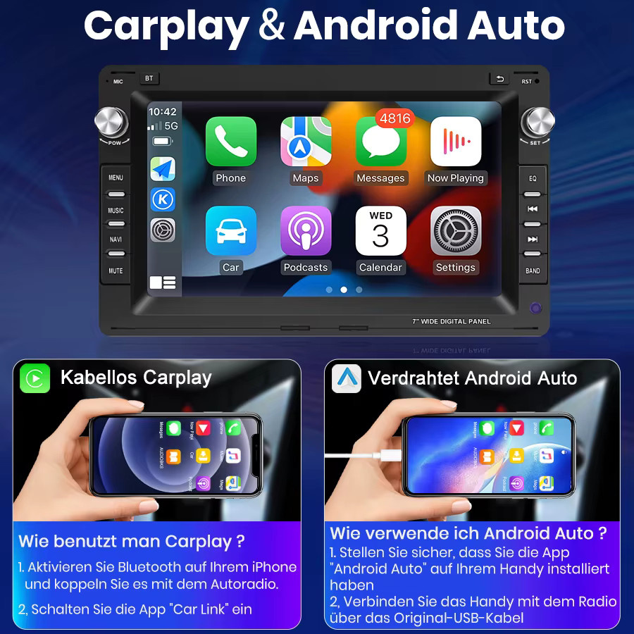 Junsun 7-Zoll Android Autoradio mit kabellosem CarPlay und Android Auto in Schwarz für VW Passat, Golf, Polo und Seat Modelle - Bild 4