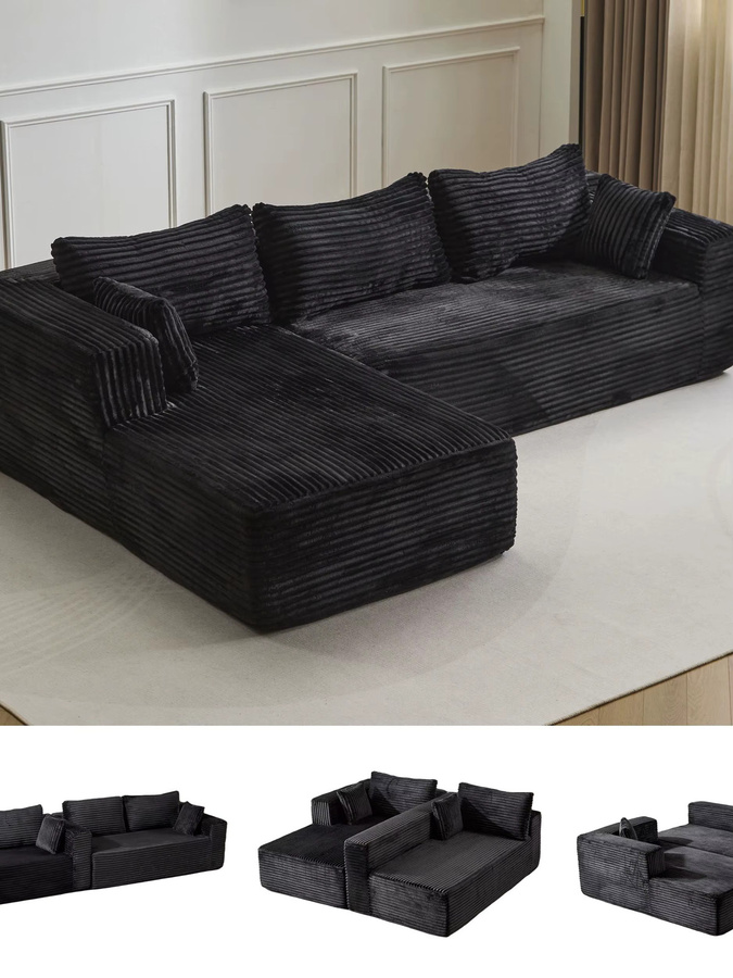 Modernes L-förmiges 3-Sitzer Cord-Sofa von Vankel in Schwarz mit Kissen - Bild 6