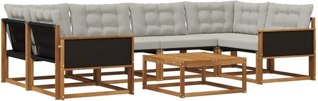 vidaXL Outdoor-Sofagarnitur L-Form aus massivem Akazienholz mit 7 Textilene-Kissen in Natur und Grau - Bild 1