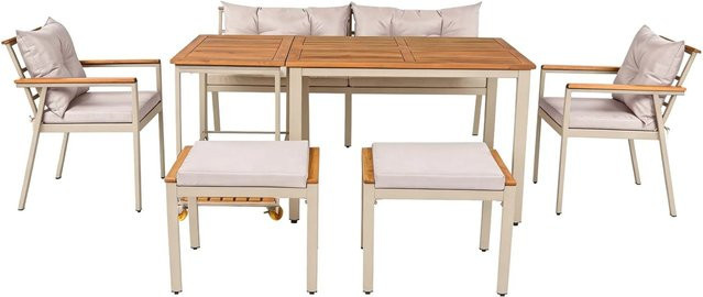 Merax Garten-Essgruppe aus Akazienholz für 6-7 Personen in Braun und Beige, rechteckiger Esstisch mit Rollen B/T/H: 160 x 81 x 76 cm - Bild 1