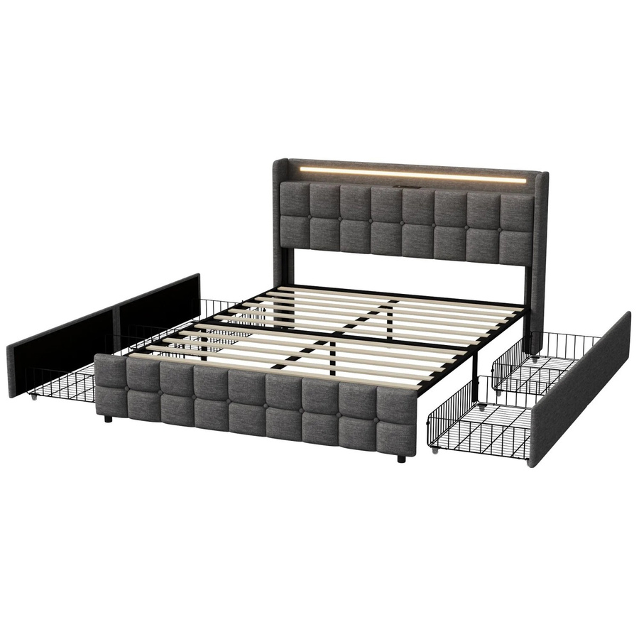 PXloue Polsterbett mit 4 Schubladen, USB-Ladefunktion und LED-Beleuchtung, B/T/H: 160 x 200 x 103,5 cm, Stoffbezug in Grau oder Beige - Bild 2