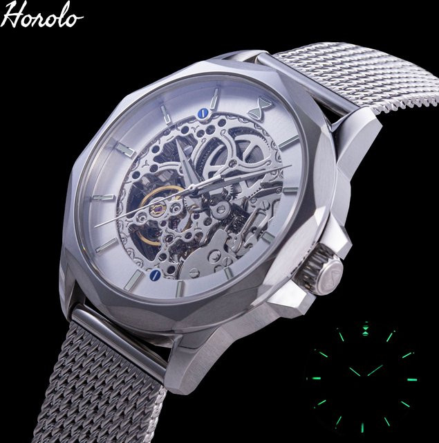 Horolo Armbanduhr, Skelett-Herrenuhr, mechanisch, 42 mm, Edelstahl - Bild 1