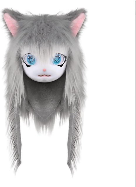 YIRAN Tierkopf Katzen Fursuit Cut Maske, Grau, 40cm - Bild 1