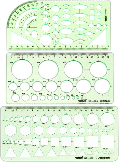 Geometrie-Lineal Set mit Kreis-Vorlagen für Zeichnungen und Messungen aus Kunststoff, 3 Stück - Bild 1
