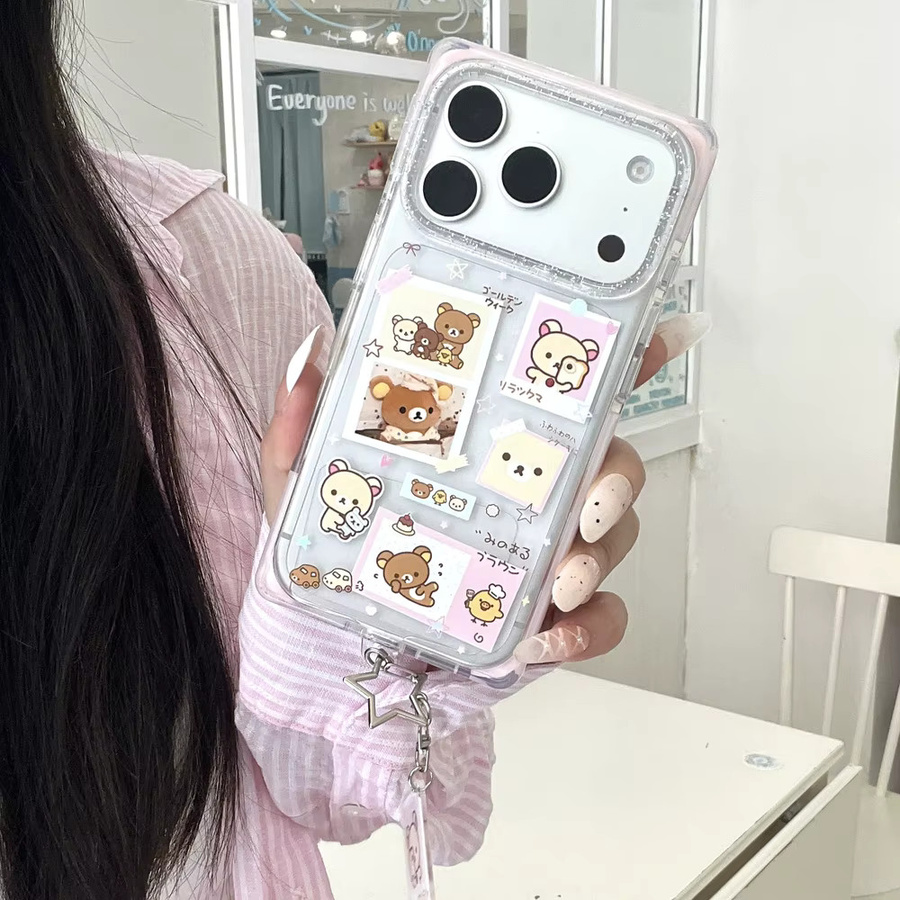 Sanrio Rilakkuma Bär Illustration Handyhülle für iPhone 17 Pro 16 15 Pro Max mit Anhänger aus stoßfestem Acryl - Bild 2