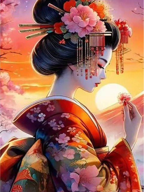 YUTTEE Diamantmalerei DIY Set mit japanischem Frauenporträt und Kirschblüten in Mehrfarbig, B/H: 20 x 30 cm - Bild 1