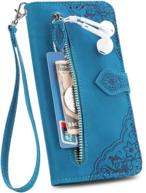 Samsung Leder-Handyhülle mit Reißverschluss und Kartensteckplatz für Galaxy S20 S21 FE S22 Ultra Plus A12 A13 A22 A32 A33 A52 A52S 5G in Blau - Bild 1