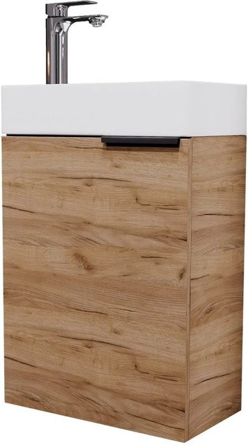 Planetmöbel Waschtisch Gold Eiche mit Keramikwaschbecken und Soft-Close-Türen, Wandmontage, Breite: 40 cm - Bild 1