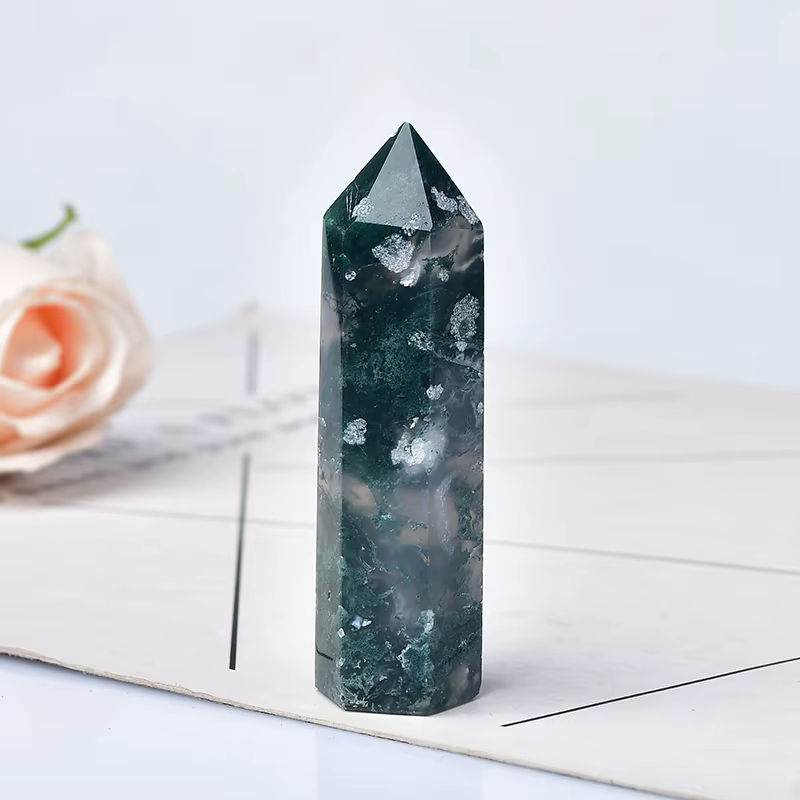 RYCRYSTAL Moos Achat Kristall Punkt in Grün als dekorativer Heilstein und Obelisk für deine Aquarien- oder Wasseranlage - Bild 5
