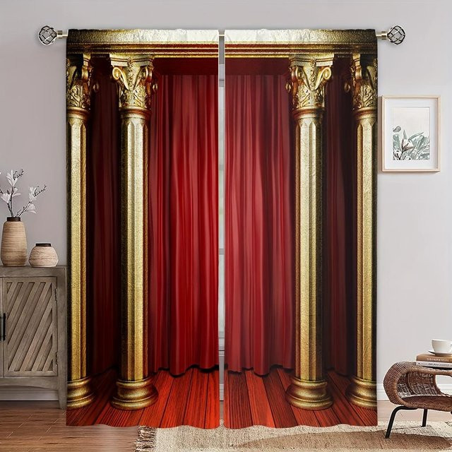 2er-Set Yiran Furniture Vorhänge im Retro-Stil mit goldenen Elementen, halbtransparent, Farbe: Gold und Rot, B: 150 cm, H: 166 cm - Bild 1