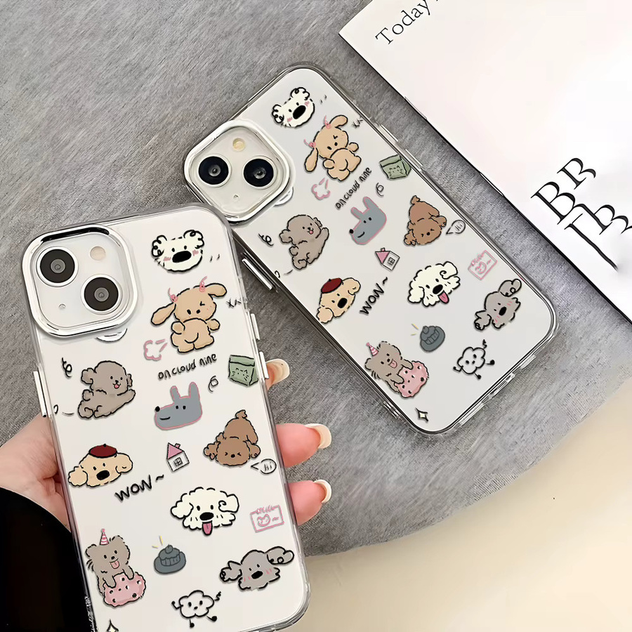 Stoßfeste Softcover Handyhülle mit Cartoon-Teddy-Hund Design für iPhone 11 bis iPhone 17 Pro Max in Silber/Transparent mit Linsenrahmen - Bild 4