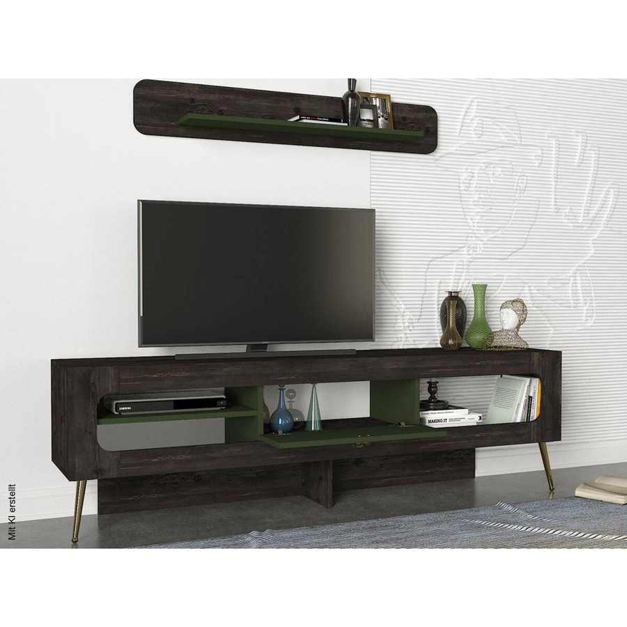 Wohnwand Milandra Rebab modern in Braun, Dunkelgrau und Dunkelgrün B/H/T: 180 x 55 x 31,5 cm - Bild 2