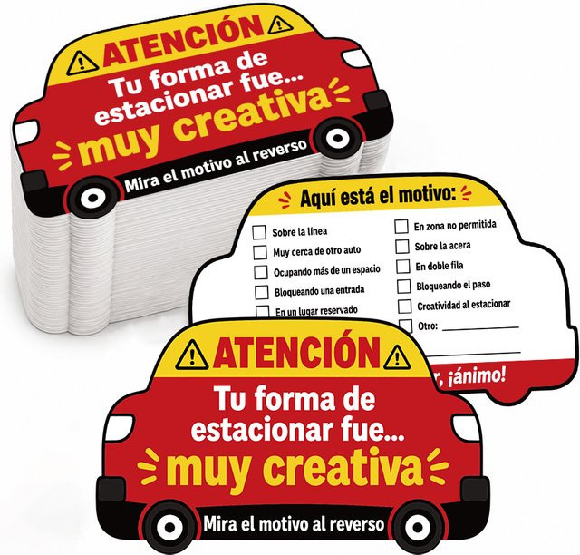 100 Stück Spanische Parkhinweiskarten in Auto-Form, doppelseitige humorvolle Warnhinweise für dein Fahrzeug, Mehrfarbig - Bild 1
