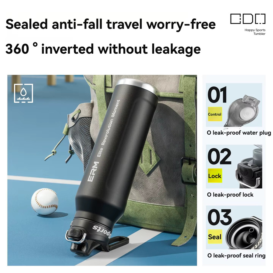 ERM Isolierte Edelstahl-Wasserflasche mit Griff für Sport und Outdoor in Silber und Schwarz - Bild 4