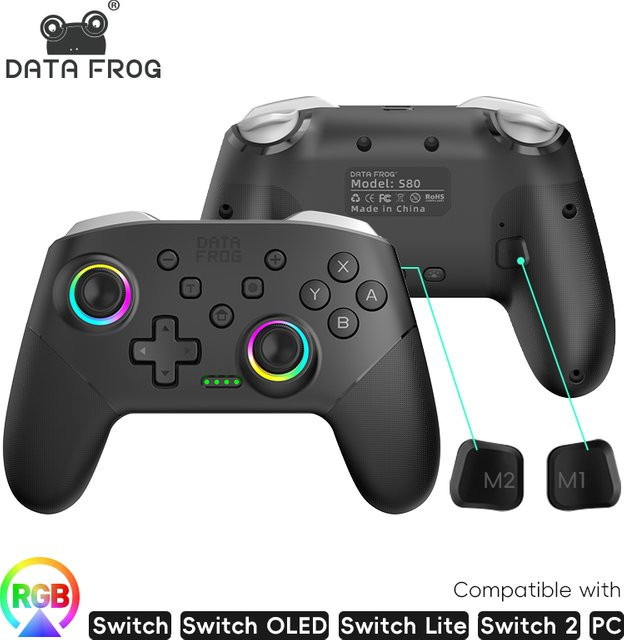 DATA FROG S80 Wireless Pro Controller für Nintendo Switch OLED, Switch Lite und PC in Schwarz mit Gyro-Sensor und Dual Vibration - Bild 1