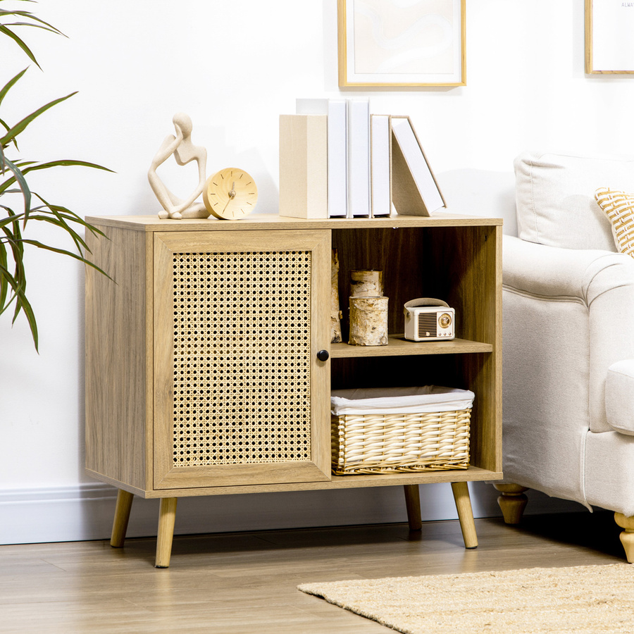 HOMCOM Sideboard Küchenschrank aus Kiefernholz in Natur Kiefer mit Tür und 2 offenen Fächern, Aufbewahrungsschrank mit verstellbarer Ablage und Kippschutz für Wohnzimmer und Küche, B/T/H: 80 x 39 x 70 cm - Bild 2