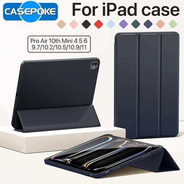 CASEPOKE Dreifach faltbare iPad Hülle mit magnetischer Auto-Schlaf-Aufwach-Funktion in Schwarz für iPad 7/8/9/10, iPad Pro 11/12.9, iPad Mini 6 und iPad Air 4/5 - Bild 1