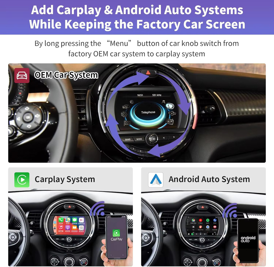 AUTOABC Kabelloses CarPlay Interface für BMW Mini Cooper One Hatch Clubman F55 F56 F54 F57 NBT System mit Android Auto und Mirror Link in Schwarz - Bild 3