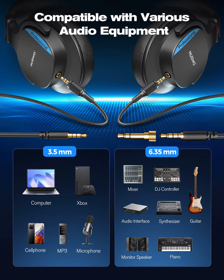 NUBWO Over-Ear Studio-Kopfhörer Hi-Res Professionelle Monitor-Headsets Schwarz mit 3,5 mm Jack und abnehmbarem Anschluss - Bild 4