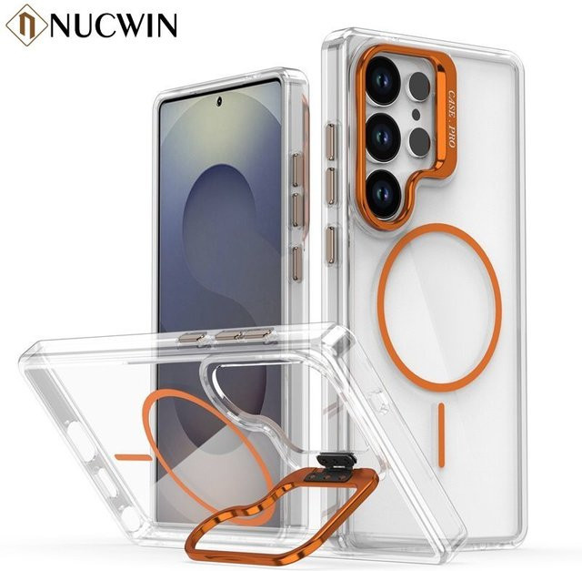 NUCWIN Magnetische Acryl-Schutzhülle für Samsung Galaxy S26 Ultra S25 Edge S24 S23 S22 Ultra Plus FE A55 A57 mit Metall-Objektivhalterung, Transparent/Schwarz - Bild 1