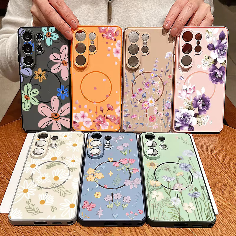 Magnetische Handyhülle mit Blumenmuster für Samsung Galaxy S25 S24 S23 S26 Ultra Edge A55 A36 A16 in Orange - Bild 4