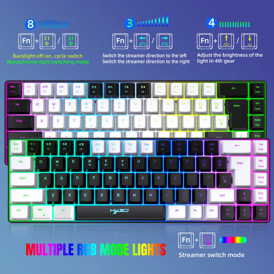 Whxmsh Gaming-Tastatur mit 68 Tasten, RGB-Hintergrundbeleuchtung, USB-Anschluss, Schwarz-Weiß-Tastenkappen für Windows-Laptops und Computer - Bild 2