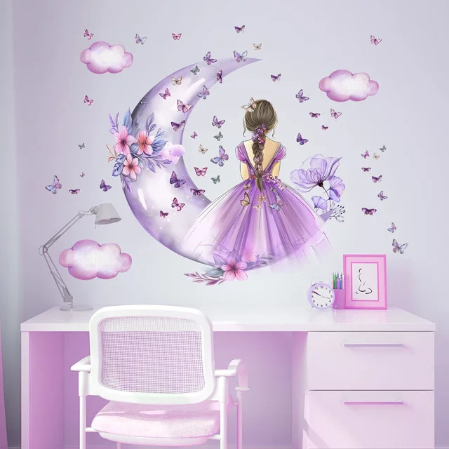 BRUP Wandaufkleber Mond und Schmetterlinge in Lila für Kinderzimmer und Schlafzimmer - Bild 1