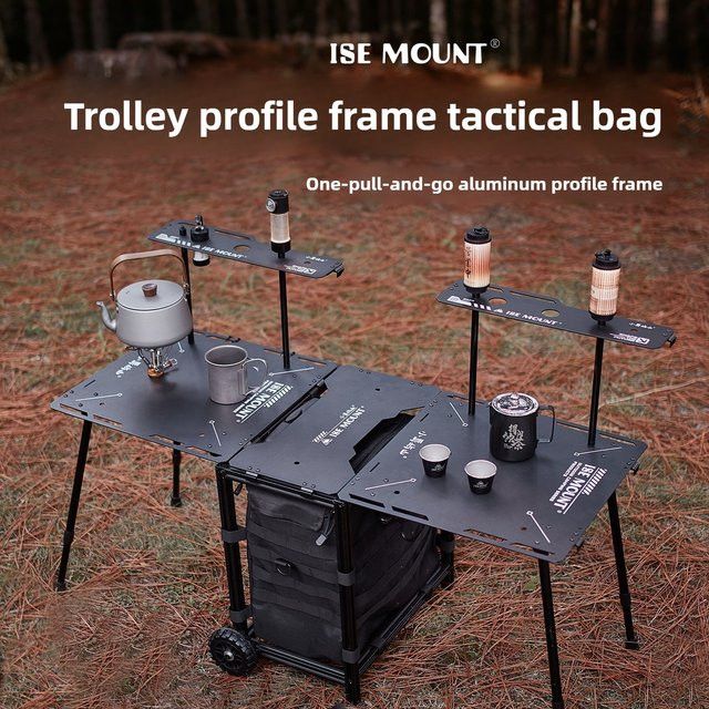 ISE MOUNT Camping-Klapptisch aus Aluminium mit Trolley-Rädern und Tragetasche, Schwarz - Bild 1