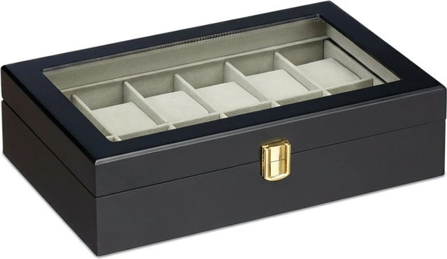 Relaxdays Uhrenbox Holz Glas Samt Metall, Schwarz, Grau, Gold, 12 Fächer - Bild 1