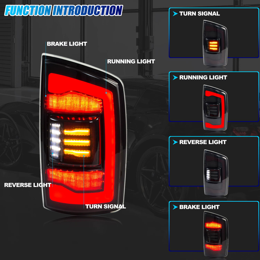 Schwarze LED-Rückleuchten mit sequenziellem gelbem Blinker für Dodge Ram 1500 2500 3500 der 3. Generation (2002–2005) - Bild 2