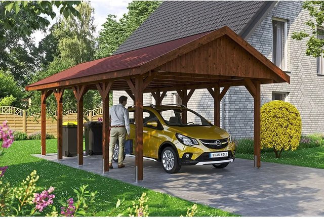 SKANHOLZ Carport Wallgau in Braun mit roten Schindeln B/T: 430 x 750 cm, Höhe: 326 cm - Bild 1