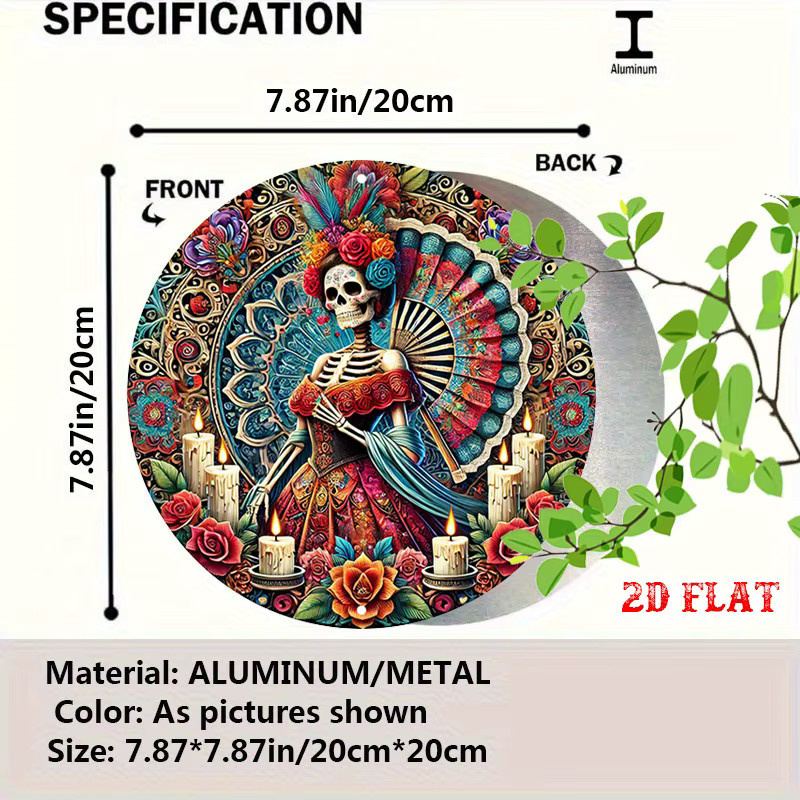 Rundes Aluminiumschild Potdemiel mit mexikanischem Skelett-Motiv und Blumenmuster, bunt, Durchmesser: 20 cm - Bild 2