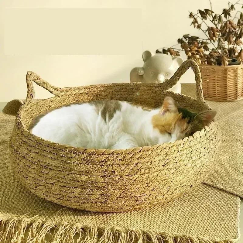 Yiran Furniture Katzennest aus handgewebtem Rebenmaterial mit abnehmbarem Bezug aus 100% Baumwolle, rund, Durchmesser: 38 cm, Höhe: 13 cm - Bild 2