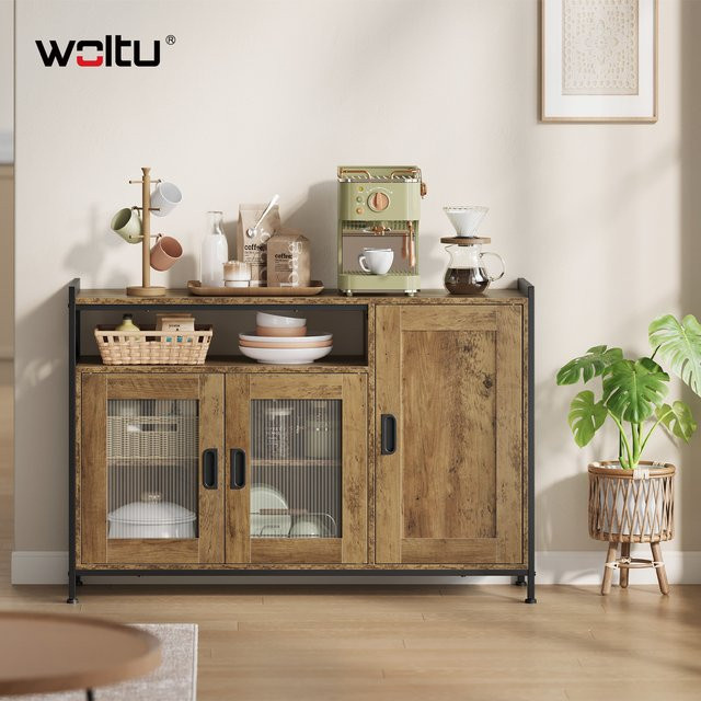WOLTU Küchenschrank aus Holz in Braun mit 3 Türen und 2 verstellbaren Regalen, B/H/T: 110 x 75 x 33 cm - Bild 1