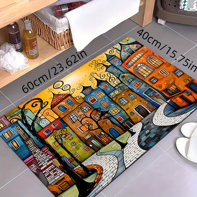 VIKAMA Teppich mit abstraktem Stadtgebäude-Design, bunter Motiv-Teppich für Wohnzimmer, Schlafzimmer oder Küche, B/T: 60 x 40 cm, Mehrfarbig - Bild 3