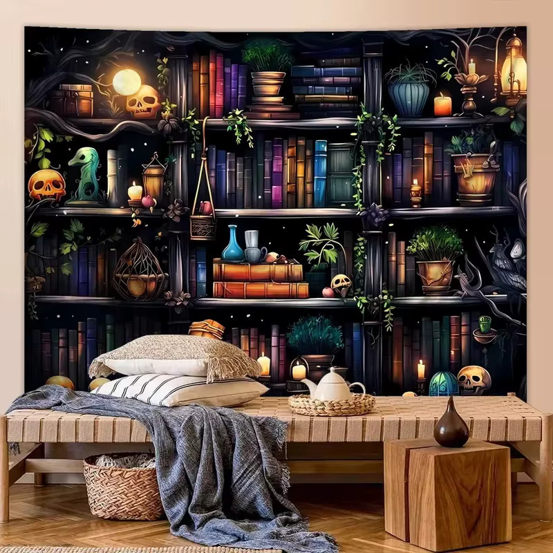 VIKAMA Wandteppich Hexen-Bücherregal im Gothic Dark Academia Stil, Mehrfarbiger Wandbehang mit okkultem Design für dein Schlafzimmer, B x H: 60 x 40 cm - Bild 2