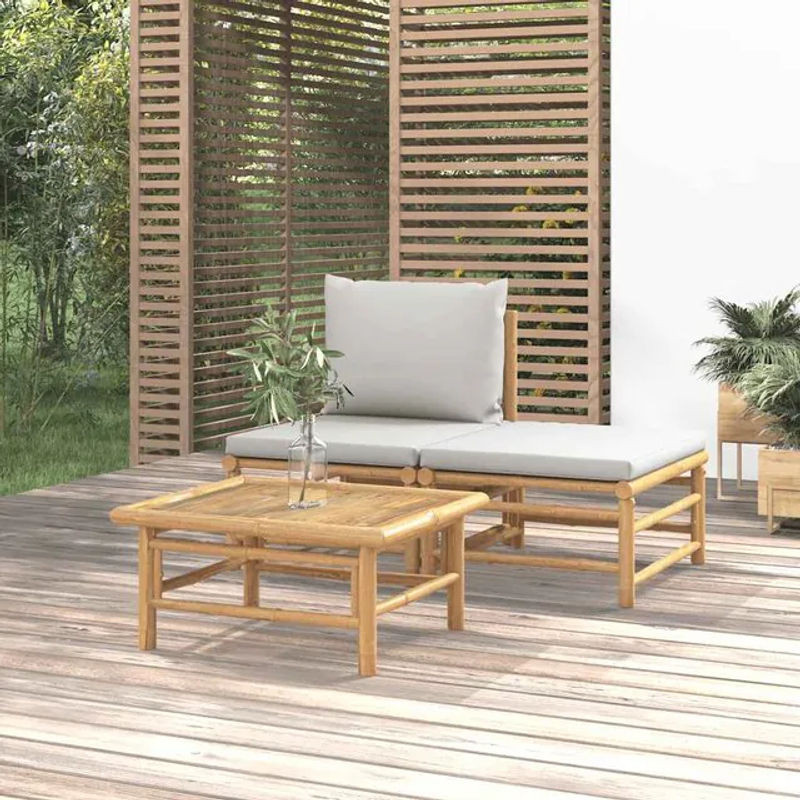 Vidaxl 3-teiliges Gartenmöbel-Set aus Bambus mit grauen Kissen - Bild 1