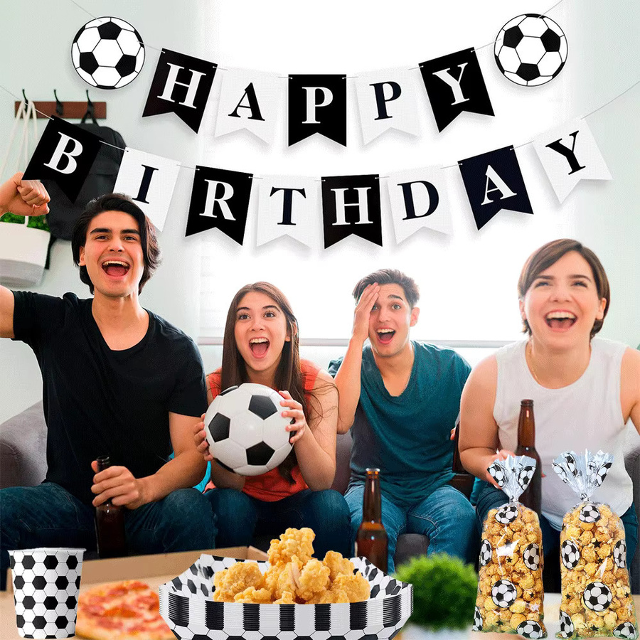 EsenTroye Fußball Party Dekoration Set mit Happy Birthday Banner, Tischgeschirr, Popcorn-Box und Geschenktüten aus Papier für Kinder - Bild 2