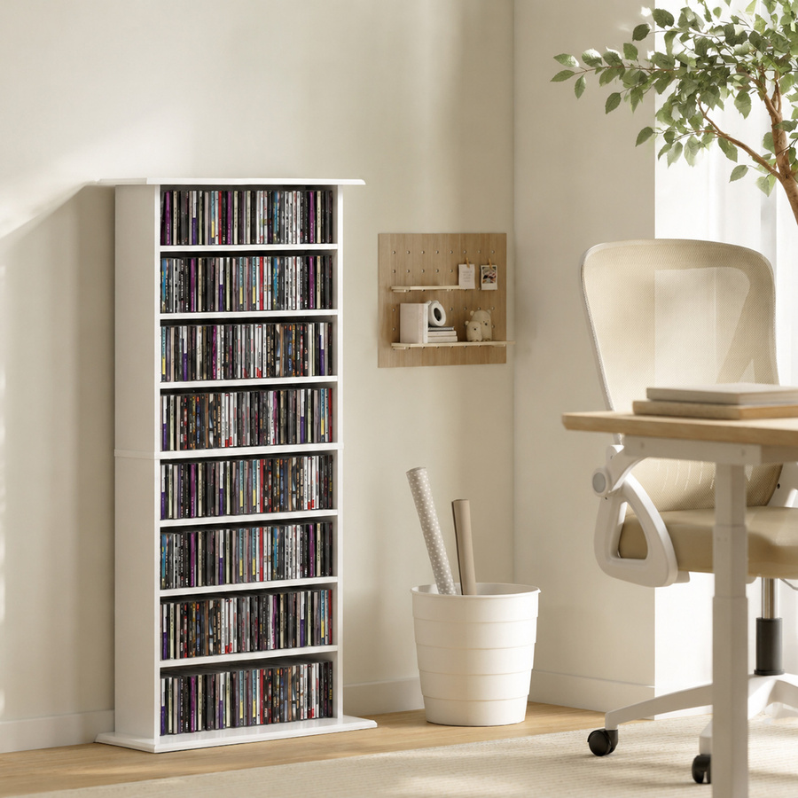 HOMCOM Schmaler Medienschrank in Weiß mit 8 Ebenen und 6 verstellbaren Einlegeböden für CDs, DVDs und Blu-rays - Bild 2