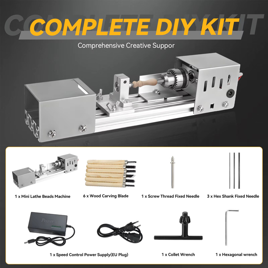 Podofo Mini-Tischdrehmaschine 24V in Silber mit variabler Geschwindigkeit 2000-8000 U/min und 6-teiligem Schnitzmeißel-Set für DIY-Holzbearbeitung - Bild 6