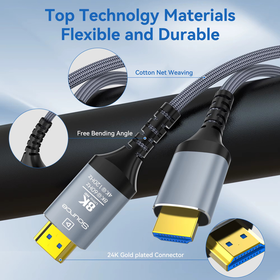 CYANMI HDMI 2.1 LWL Kabel 8K 48Gbps in Grau mit Dynamischem HDR, eARC und HDCP 2.3 für Samsung, Sony TV und PS5 - Bild 3