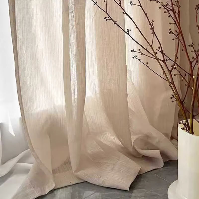 1Panel Leinen Gaze Vorhang aus Hanfmaterial in Beige, transparent - Bild 3