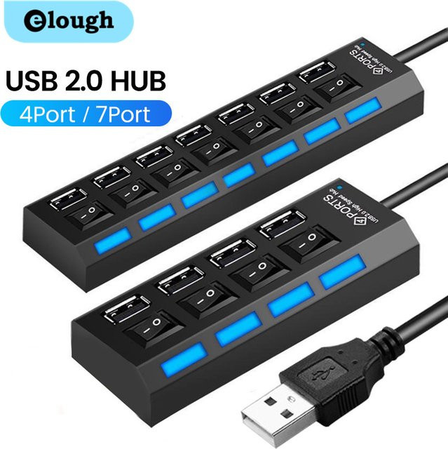 Elough USB-Hub mit mehreren Anschlüssen und Netzteil, USB-Adapter in Schwarz mit Schalter für Laptop und PC - Bild 1
